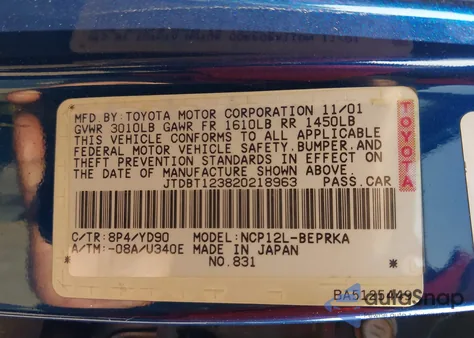 2002 Toyota Echo from USA, damaged, VIN JTDBT123820218963